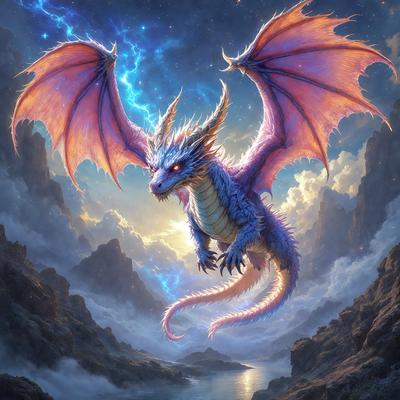 Primary subject: A blue dragon with a yellow mane and horns, flying in the sky.

Setting/background: The dragon is flying over a body of water, with mountains in the background.

Visual style: The image is a digital art illustration.

Colors and mood: The dragon has a blue and yellow color scheme, and the overall atmosphere is majestic and fantastical.